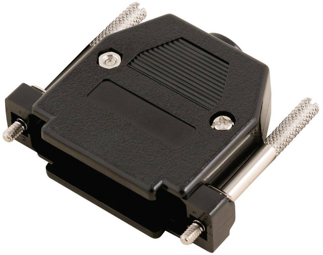 Boîtier de connecteur D-Sub noir avec vis et rainurage sur la poignée pour une fixation sécurisée sur un câble ou un appareil.