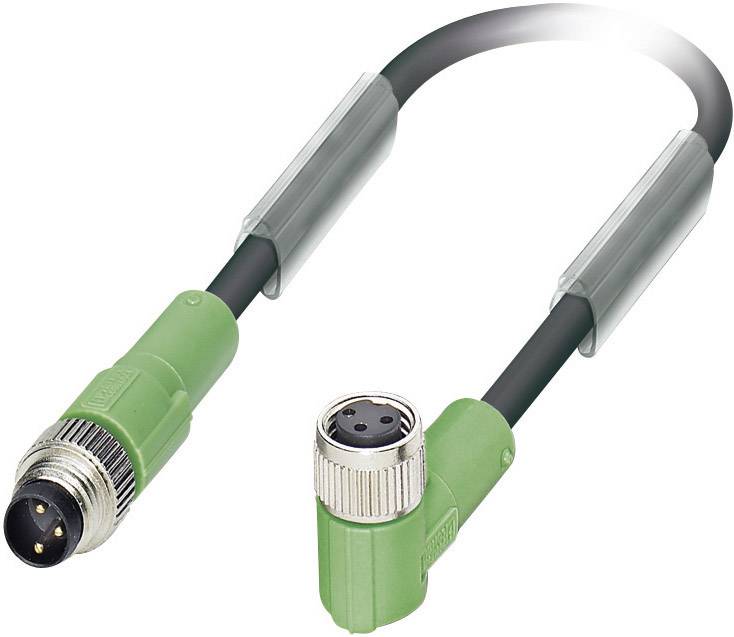 Un câble de connexion vert coudé avec connecteurs M12 mâle et femelle, couramment utilisé dans les réseaux industriels.