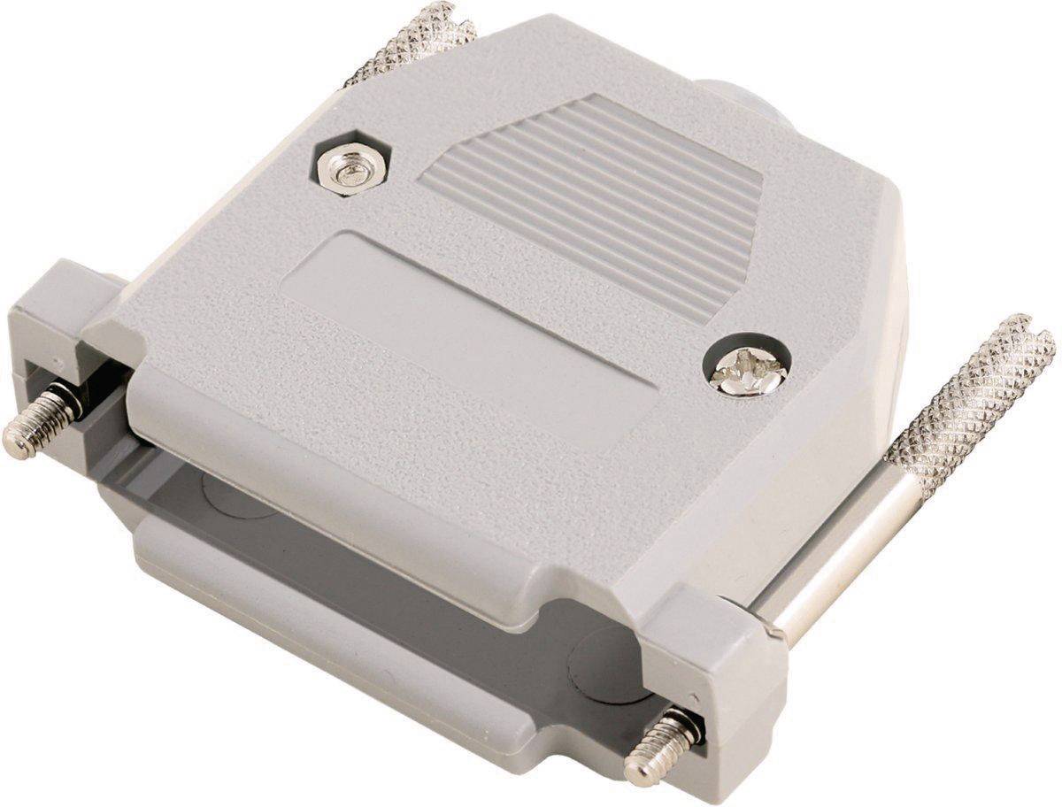 Un boîtier de connecteur D-Sub gris avec deux vis de fixation. Il protège et organise les connexions de câbles.