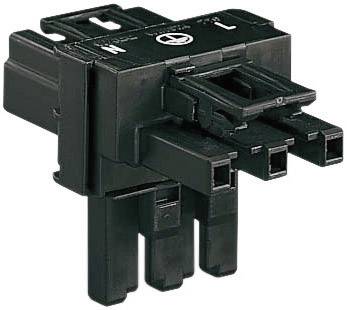 Connecteur électrique noir avec plusieurs emplacements et un logo du fabricant sur sa surface supérieure.