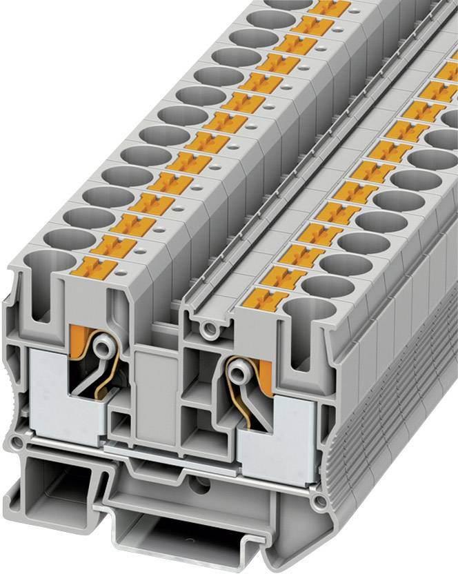 Bloc de bornes gris-orange à plusieurs rangées de bornes de connexion, utilisé pour le câblage électrique dans les armoires électriques.