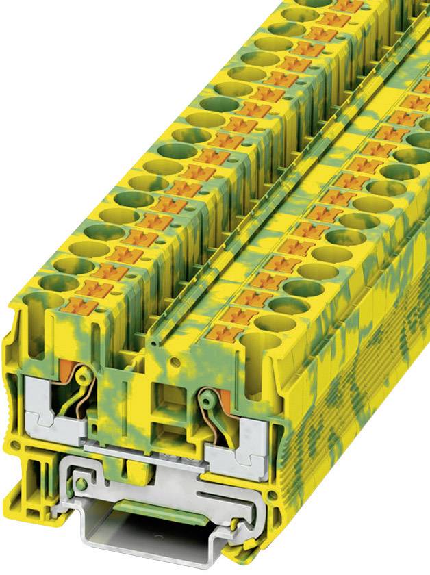 Module de bornes électrique en série à motif jaune-vert avec plusieurs points de connexion pour raccordements de fils ; présente un design industriel.