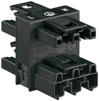 Connecteur électrique noir multipoints, adapté pour des tensions de 400V et des intensités de courant de 25A.