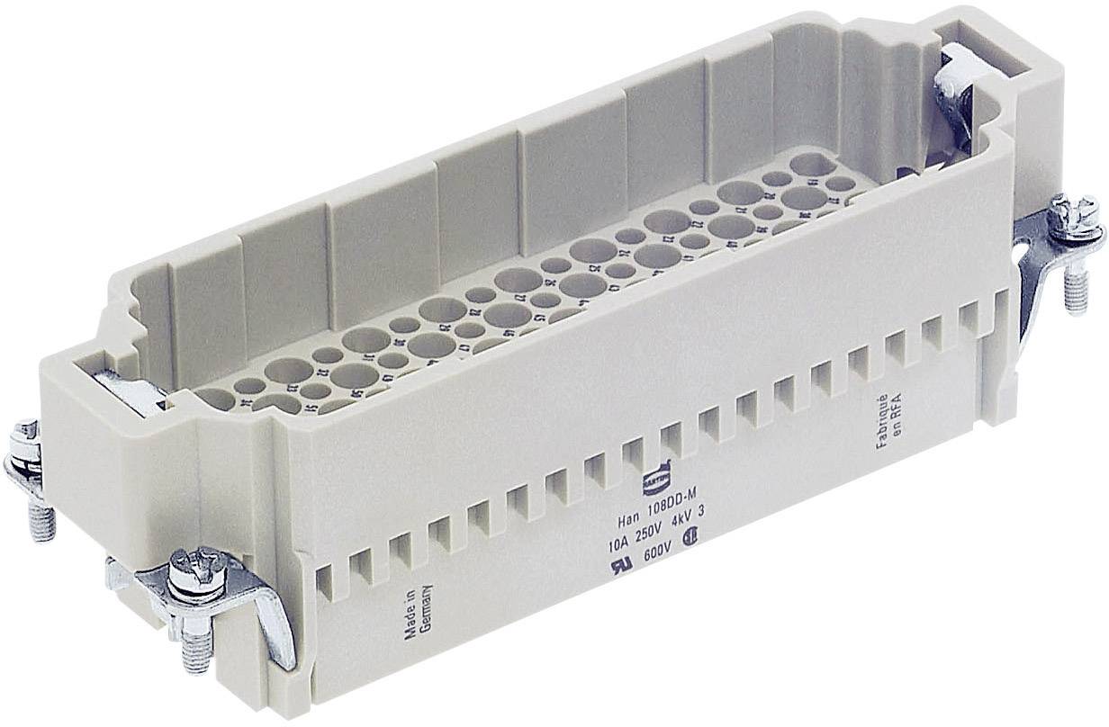 Un connecteur électrique rectangulaire avec de nombreuses douilles de connexion rondes, adapté aux connexions industrielles.