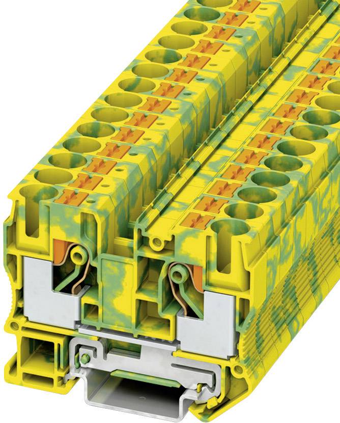 Bloc de bornes à rangées jaune-vert avec contacts orange et socle métallique. Utilisé pour les connexions électriques dans les tableaux de distribution.