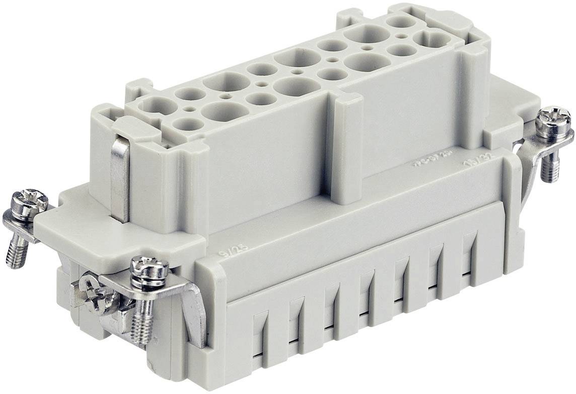Un connecteur électrique gris avec plusieurs points de contact et des éléments de fixation latéraux.