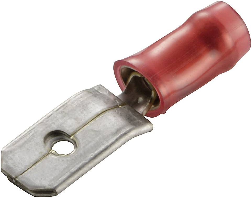 Un embout de câble rouge avec une connexion métallique pour les connexions électriques, isolé par une gaine en plastique rouge.