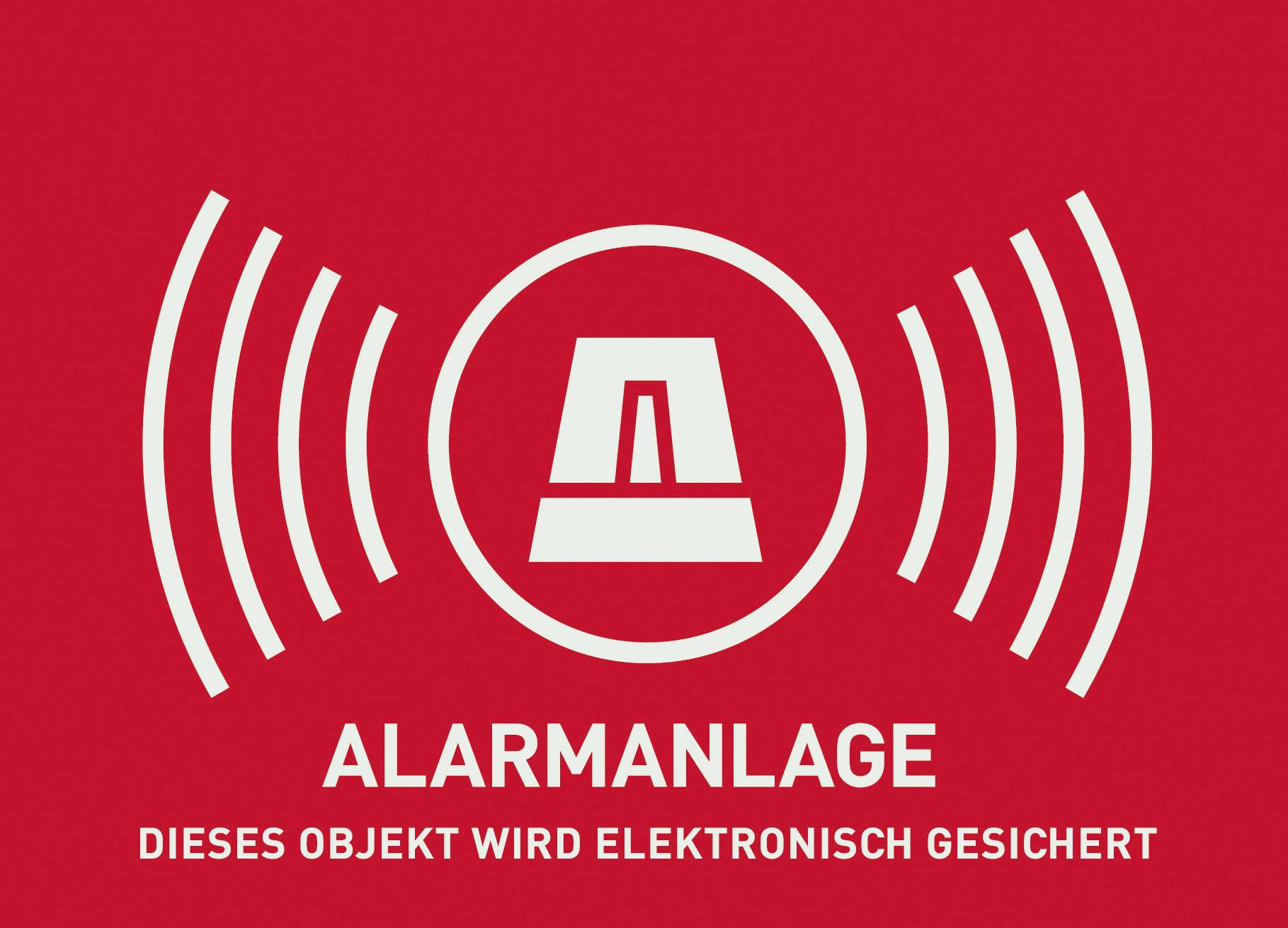 Système d'alarme : Cet objet est sécurisé électroniquement. Symbole d'alarme avec des ondes sonores sur fond rouge.