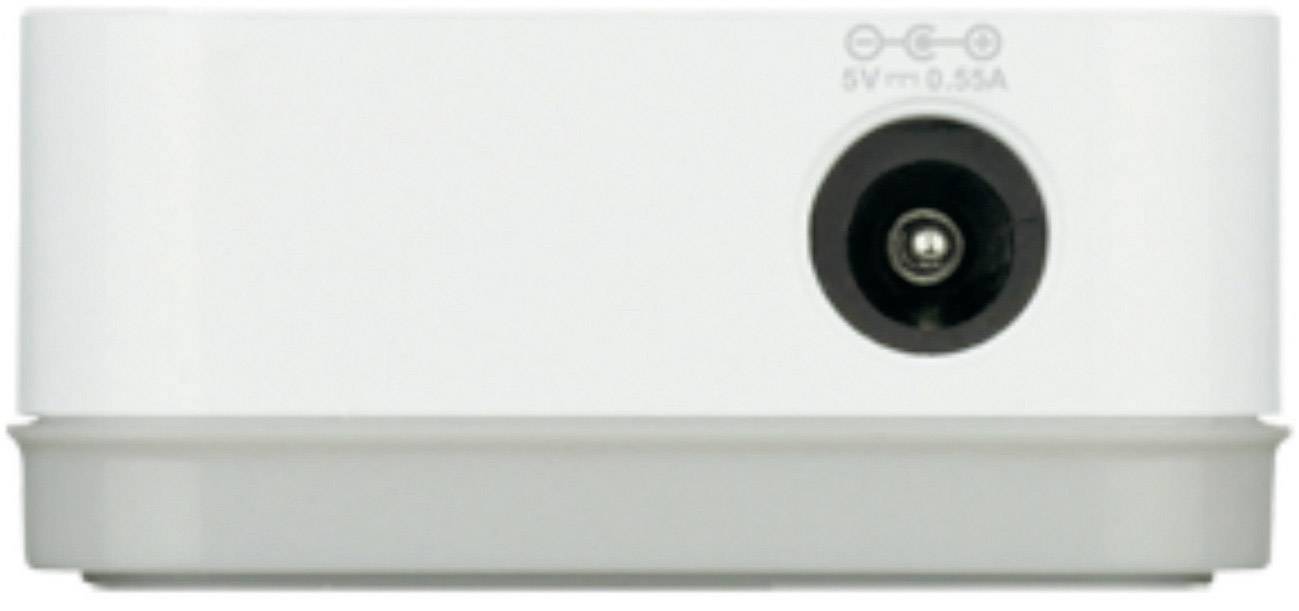 Appareil électronique blanc avec une prise d'alimentation à l'arrière, adapté pour 5V et 0,55A.