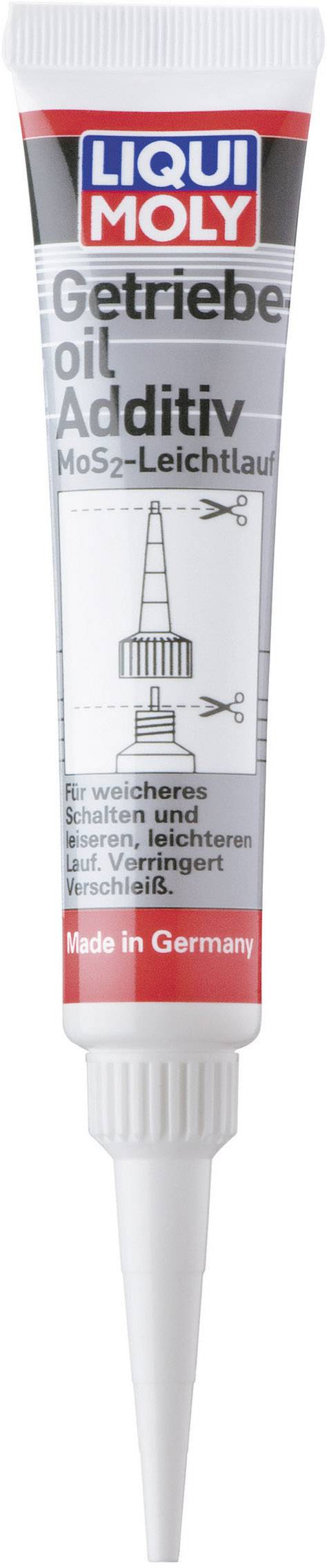 Un tube d'additif pour huile de transmission Liqui Moly, adapté à divers types de transmissions, reconnaissable à son logo bleu et rouge ainsi qu'à l'inscription « Made in Germany ».