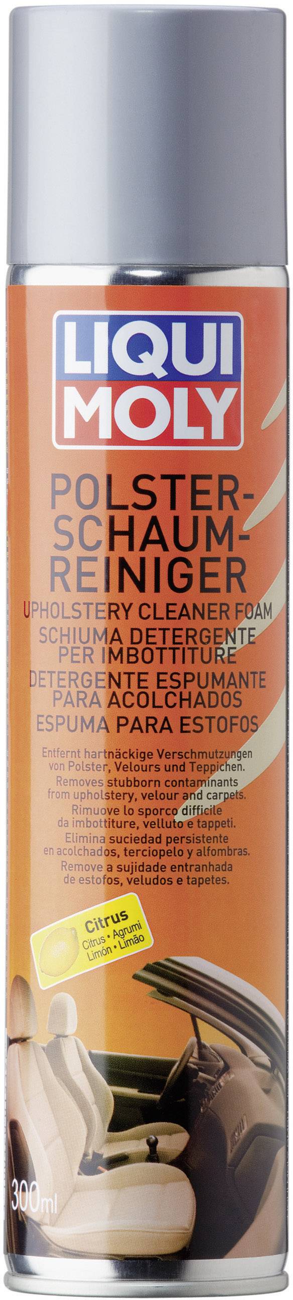 Une bombe aérosol de Liqui Moly nettoyant mousse pour garnitures. L'étiquette orange indique un produit de nettoyage pour intérieurs de voiture.
