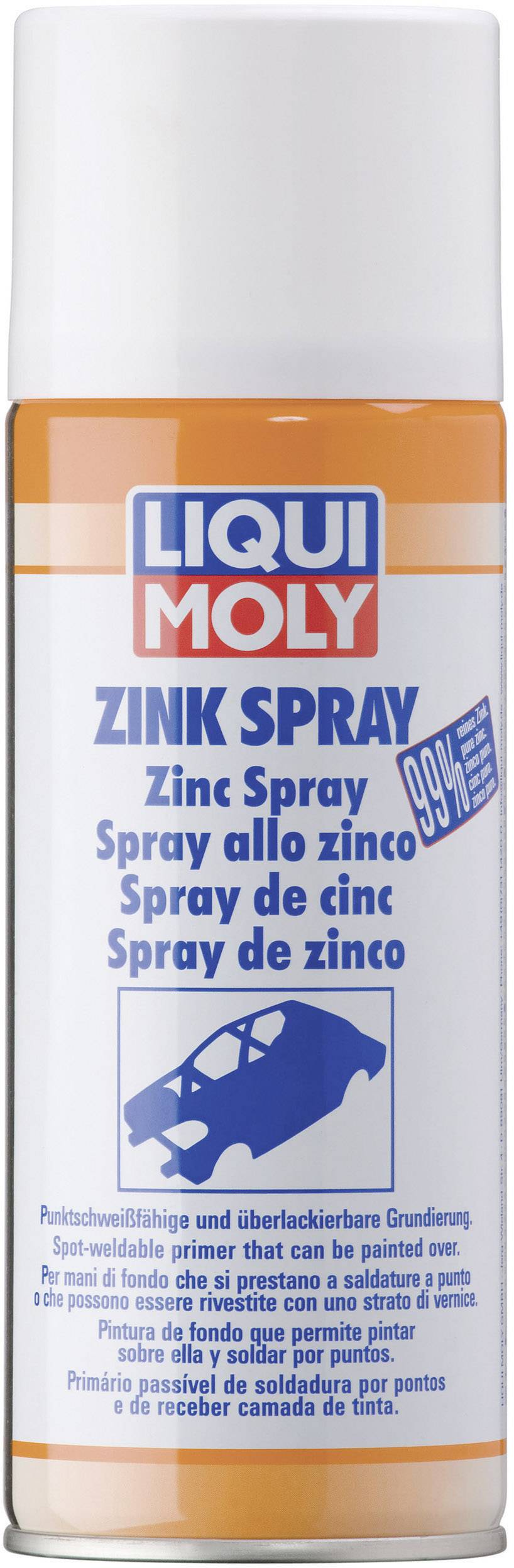 Spray de zinc Liqui Moly à étiquette bleue et orange, contenant 99% de zinc. Pour la protection contre la rouille et comme primaire sous-couche pouvant être peint.