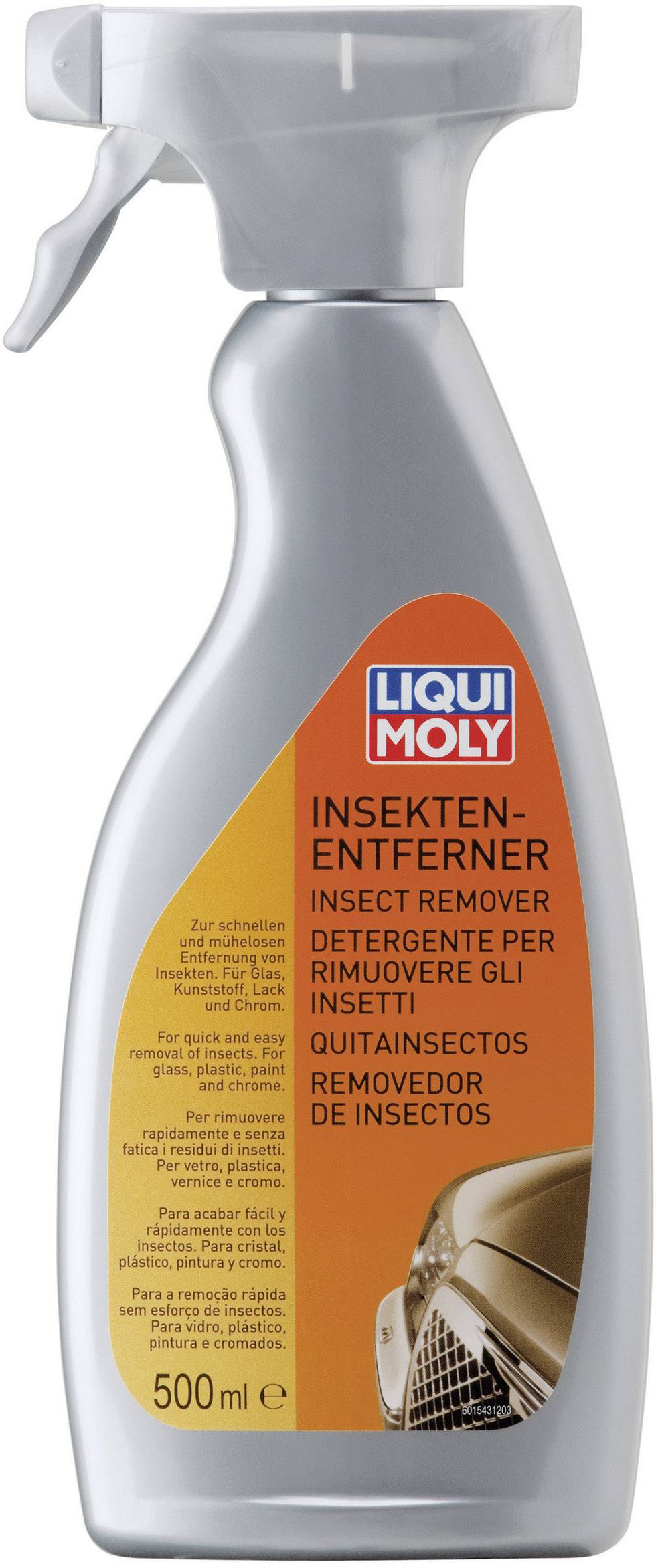 Bouteille de pulvérisation de 'Dissolvant d'insectes' de Liqui Moly. L'étiquette décrit l'utilisation pour éliminer les résidus d'insectes sur les voitures.