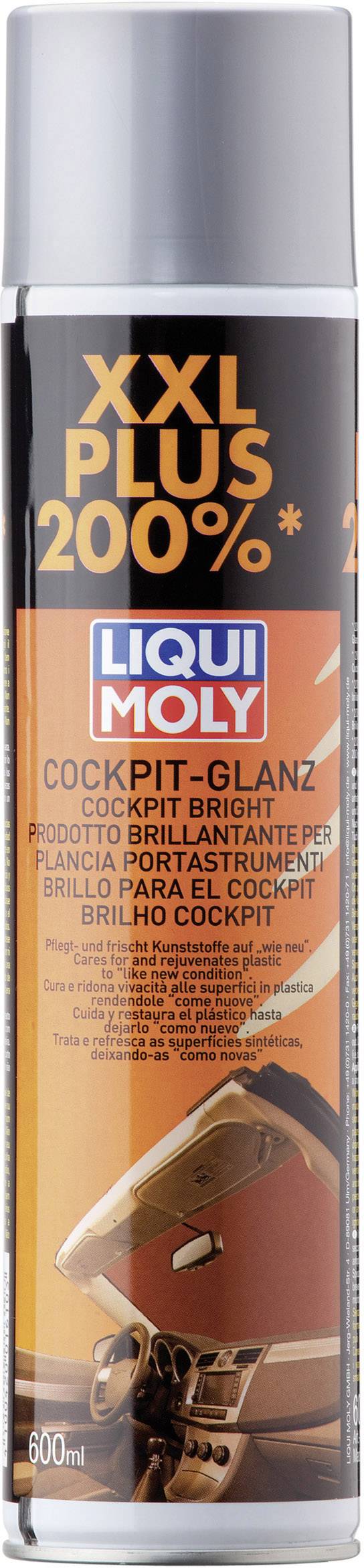 Vaporisateur Liqui Moly pour brillance du tableau de bord. Produit publicitaire avec capacité 'XXL Plus 200%'. Le produit apporte de l'éclat à l'intérieur de la voiture.