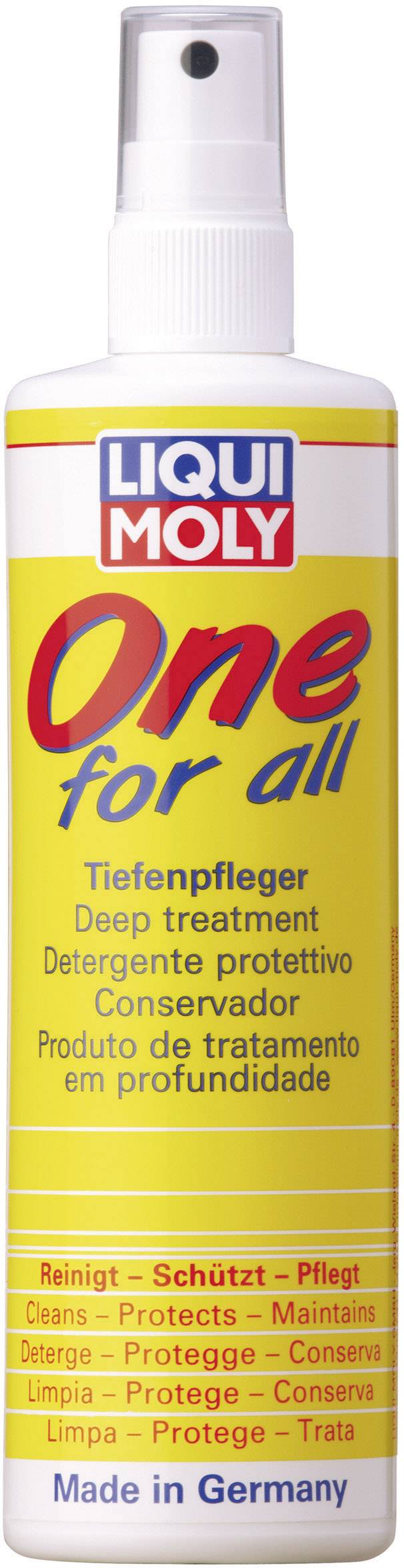 Un spray de 'Liqui Moly One for all'. Le texte sur la bouteille met en avant les fonctions Nettoyer, Protéger et Entretenir.