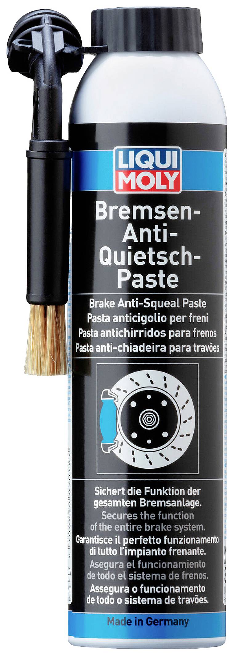 Bombe aérosol avec embout et brosse, portant l'étiquette 'Pâte anti-grincement pour freins' de Liqui Moly en plusieurs langues. Fabriqué en Allemagne.