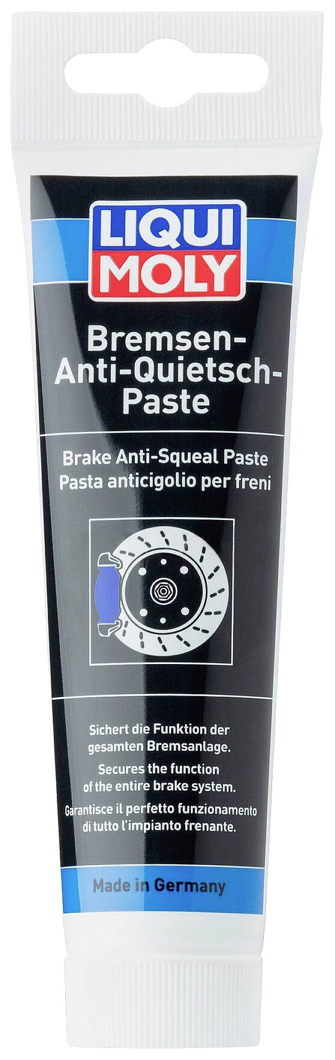 Pâte anti-grincement pour freins Liqui Moly dans un tube. Aide à réduire les bruits de freinage. 'Made in Germany' est inscrit en bas.