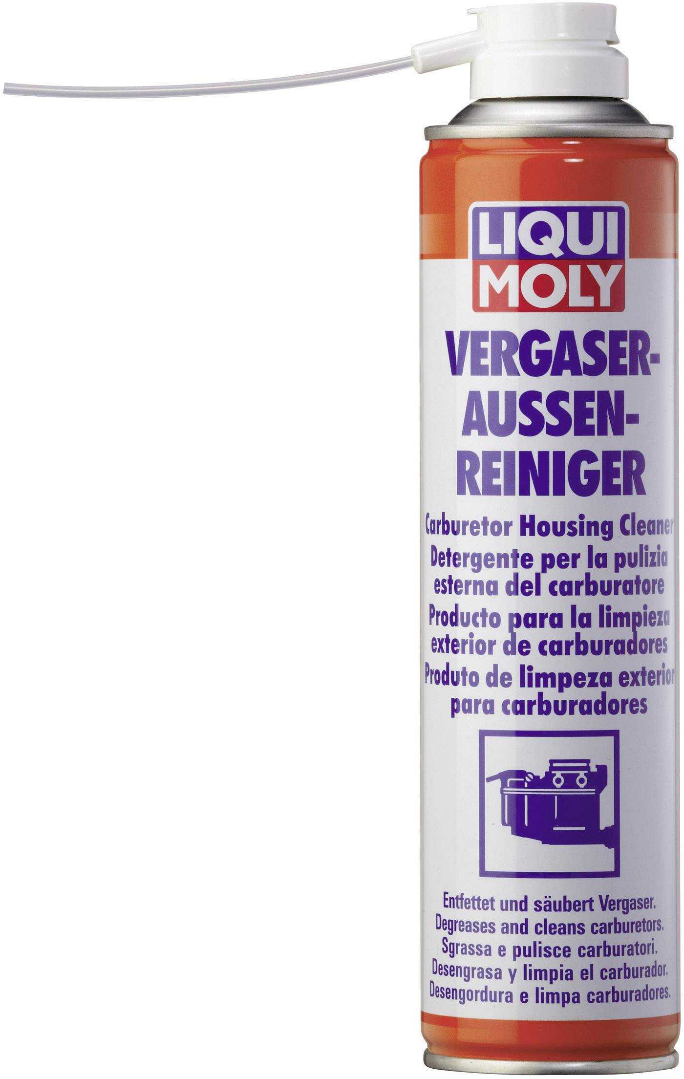 Une bombe aérosol de 'Liqui Moly Nettoyant Extérieur de Carburateur' pour le nettoyage et l'entretien des carburateurs, étiquetée en plusieurs langues.