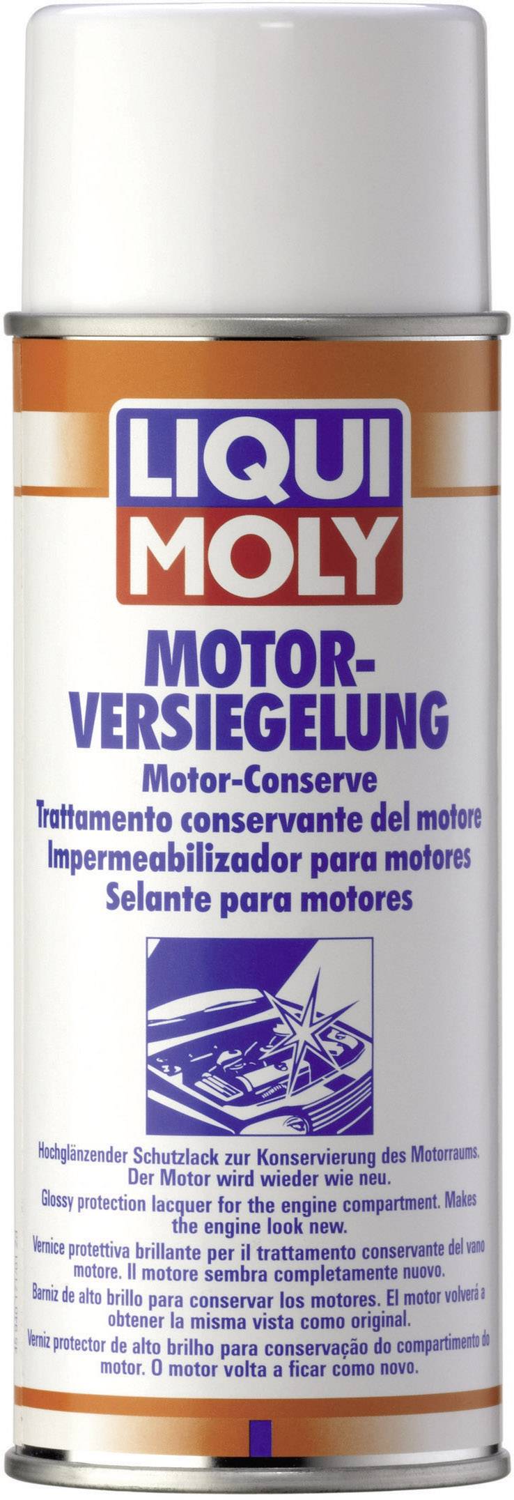 Bombe aérosol portant l'inscription 'LIQUI MOLY Scellement de moteur'. Contient un vernis de protection pour la conservation des moteurs.