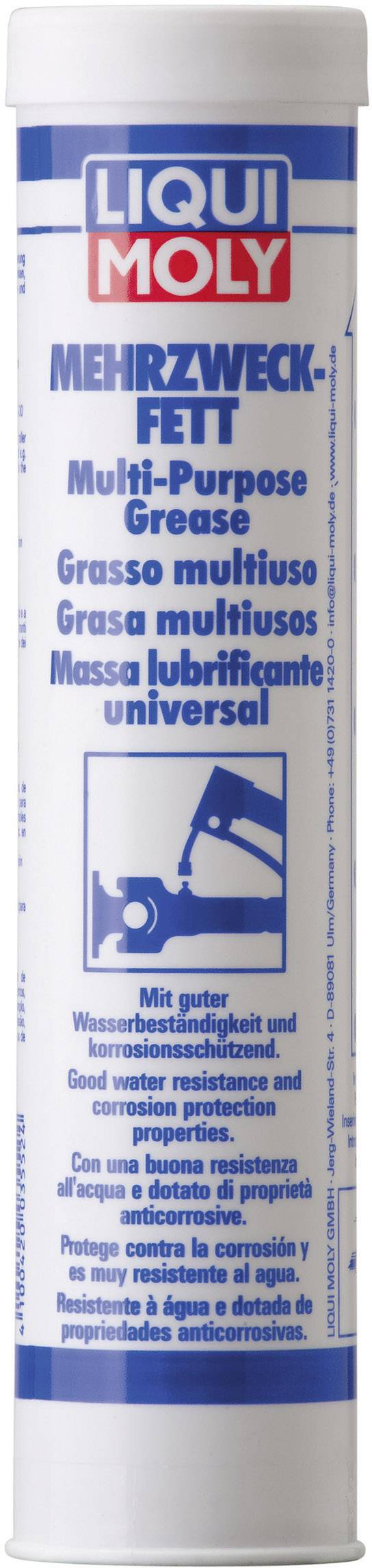 Emballage d'un tube de 'LIQUI MOLY Graisse multifonction' avec logo bleu. Contient des informations d'utilisation en plusieurs langues.