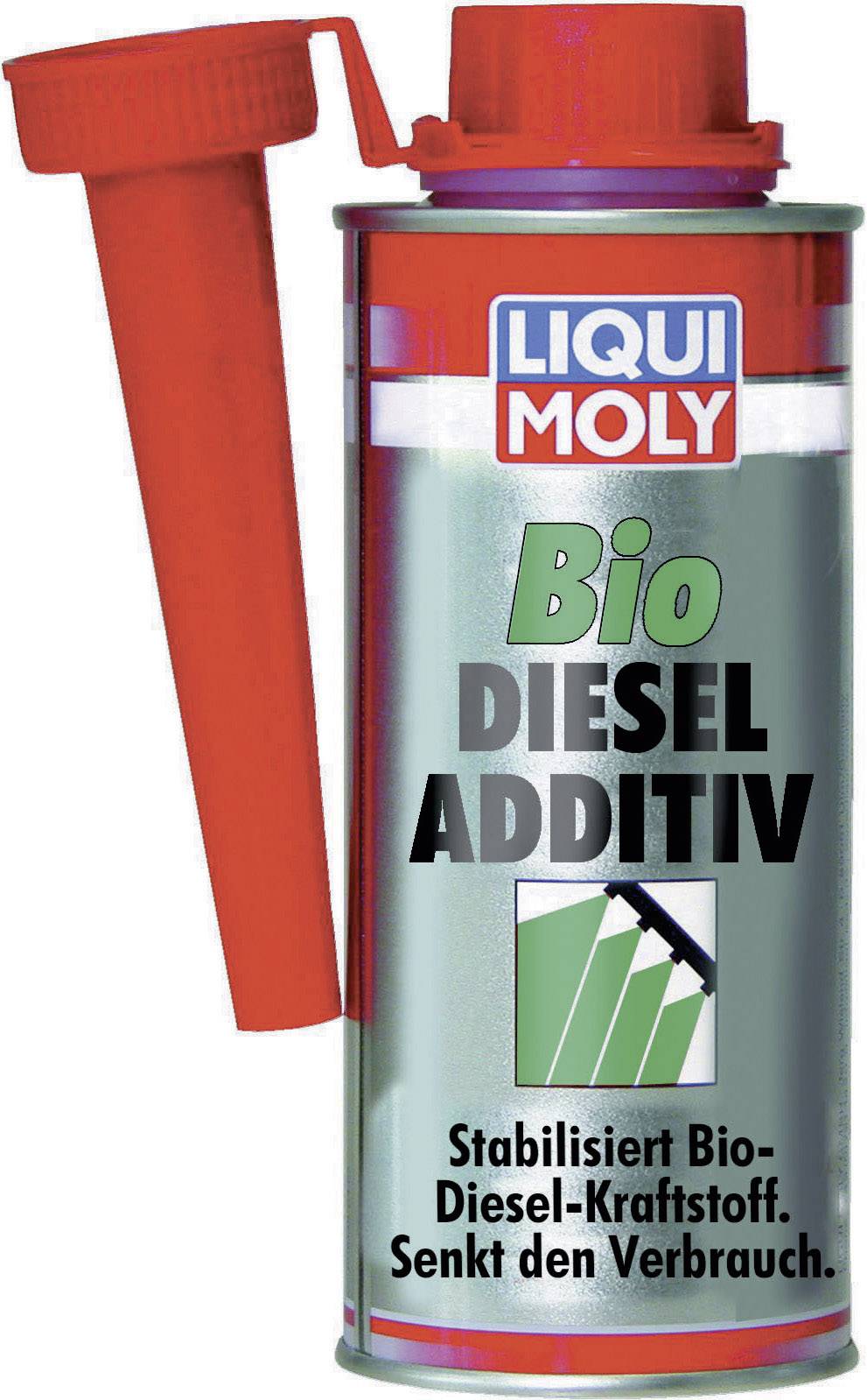 Un bidon d'additif Bio Diesel de LIQUI MOLY. Texte sur le bidon : 'Stabilise le carburant Bio Diesel. Réduit la consommation.'