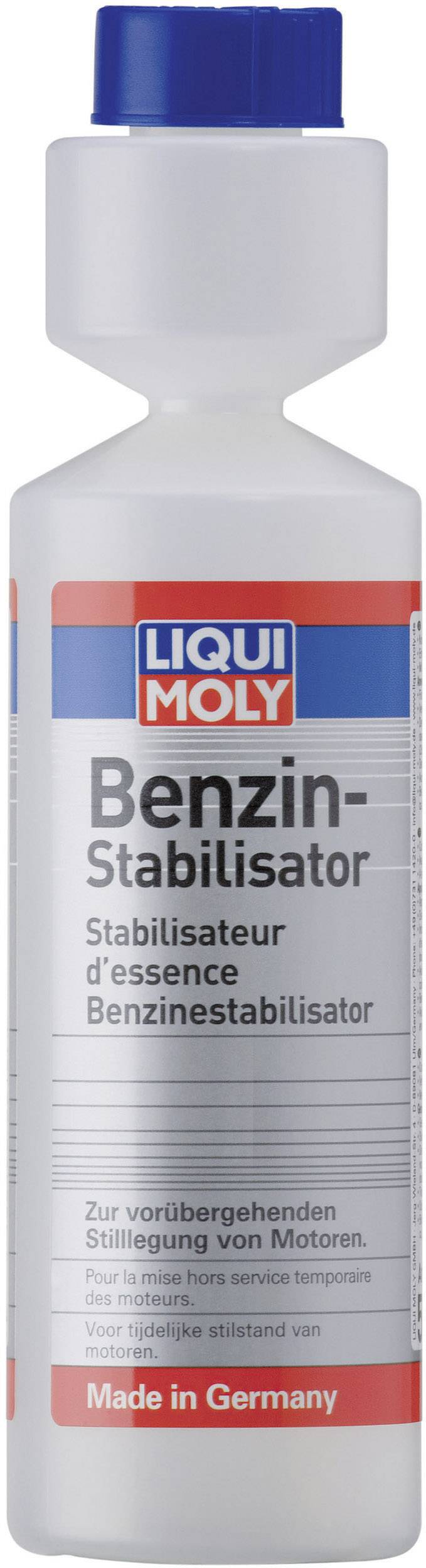 Bouteille Liqui Moly Stabilisateur d'Essence. Texte : 'Pour la mise en conservation temporaire des moteurs'. Fabriqué en Allemagne.