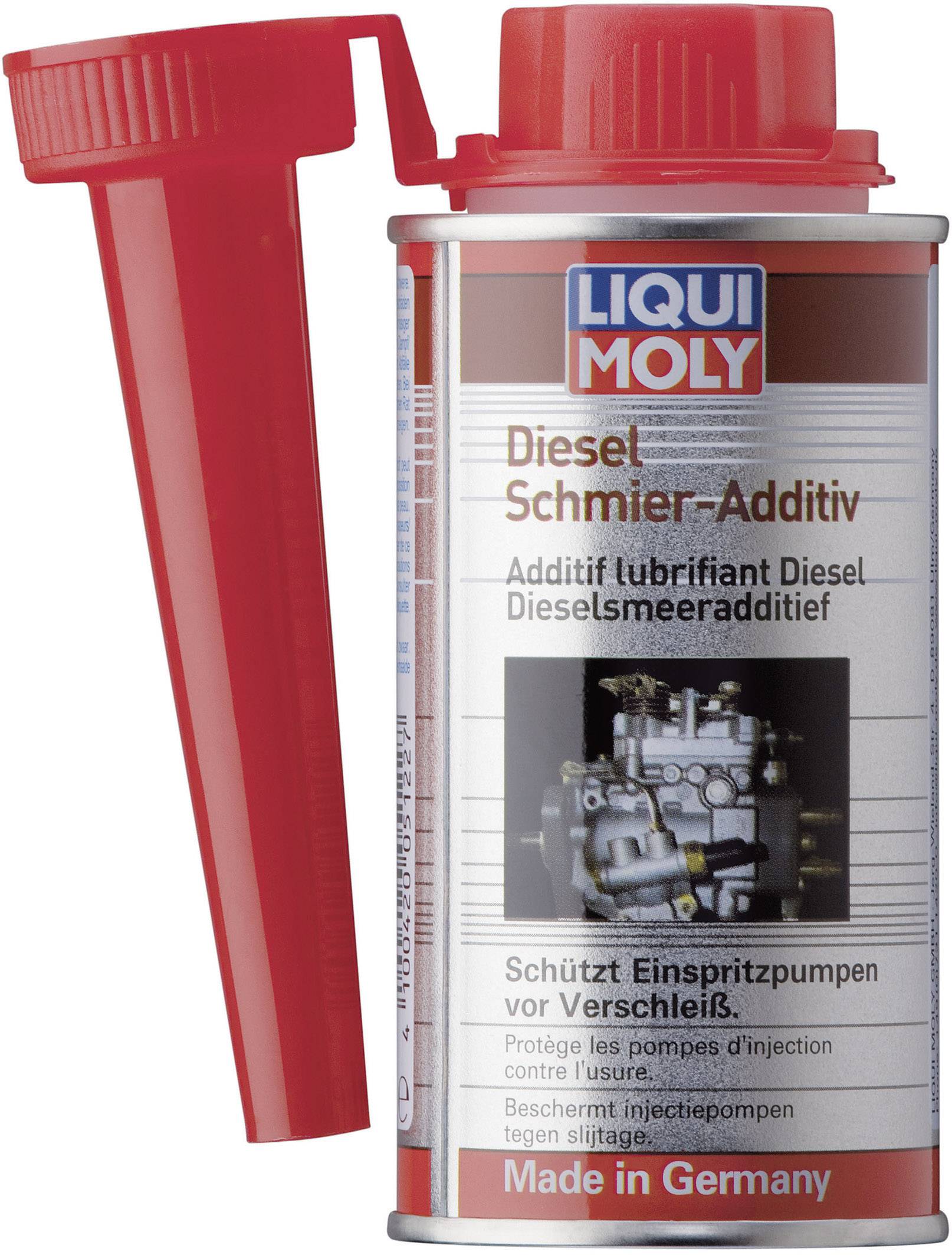 Bouteille rouge contenant un additif lubrifiant diesel de Liqui Moly. Inscription assurant une fonction de protection pour les pompes d'injection. Fabriqué en Allemagne.