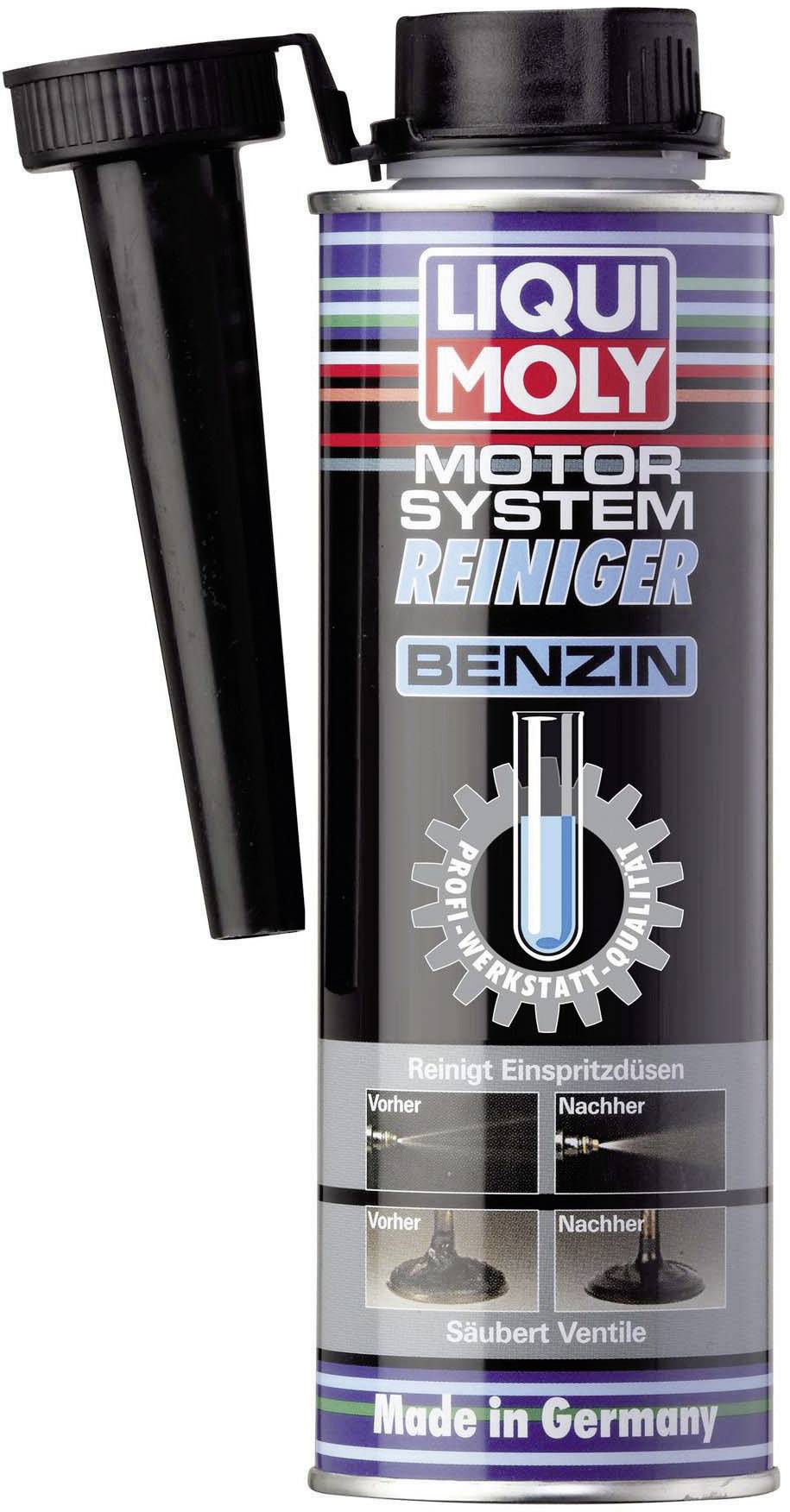 Nettoyant pour système de carburant LIQUI MOLY pour essence, boîte avec bouchon et tube de remplissage. Promet le nettoyage des injecteurs. Fabriqué en Allemagne.