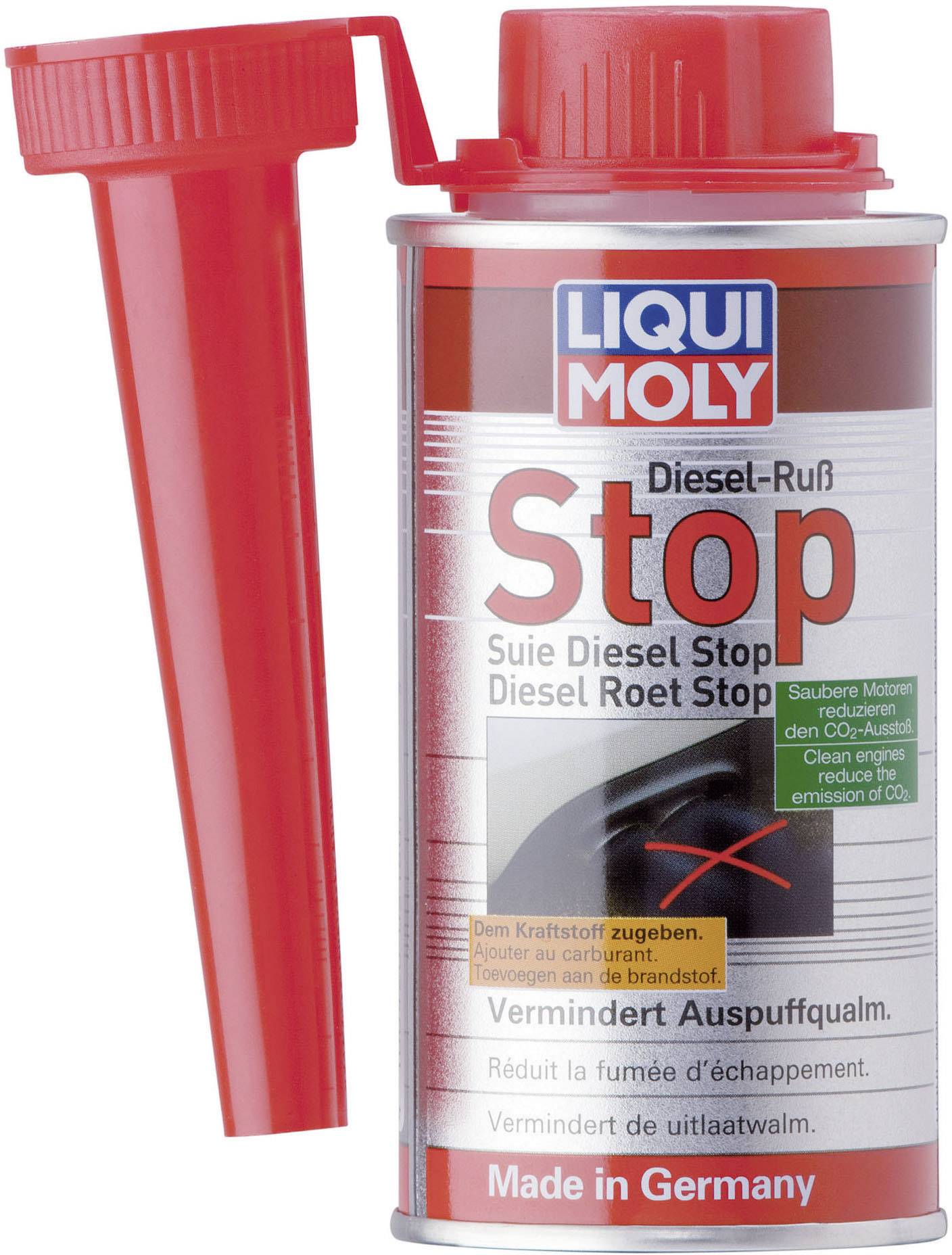 Un bidon rouge de Stop-Suie Diesel avec bouchon, nom de marque en haut. Réduit la suie, diminue les émissions. Fabriqué en Allemagne.