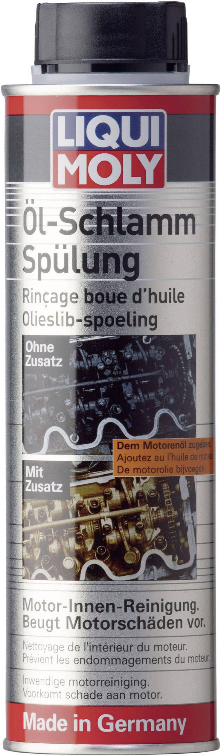 Boîte portant l'inscription « Liqui Moly Rinçage pour boues d'huile ». Utilisé pour le nettoyage intérieur du moteur. Fabriqué en Allemagne.