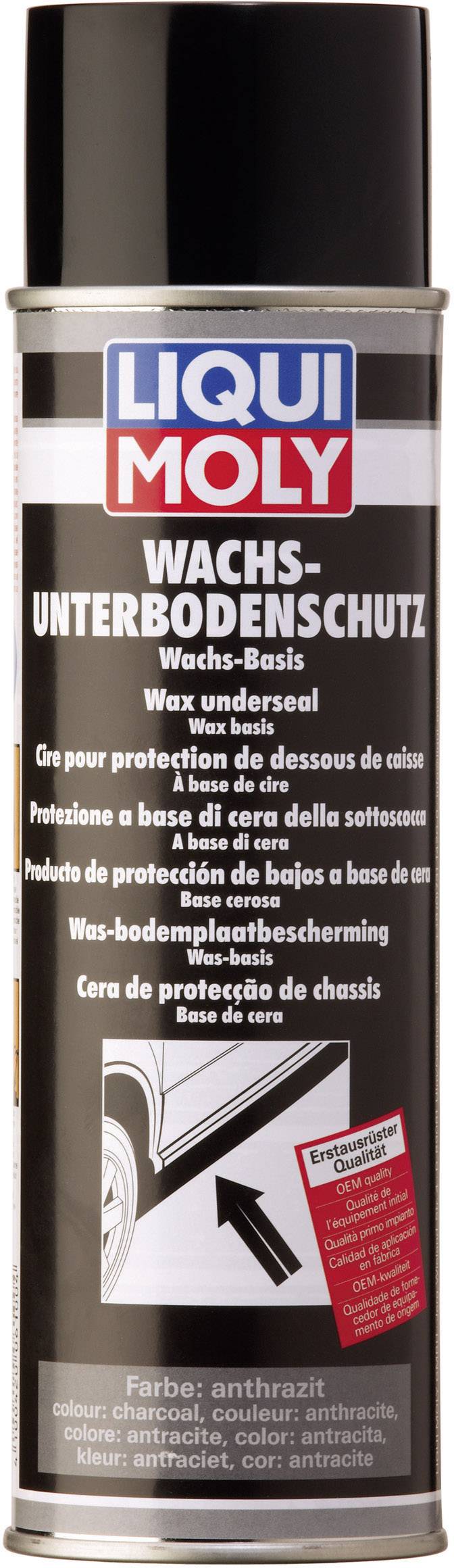 Bombe aérosol de Liqui Moly pour protection soubassement à la cire, couleur anthracite. Caractéristiques du produit et instructions d'utilisation imprimées.