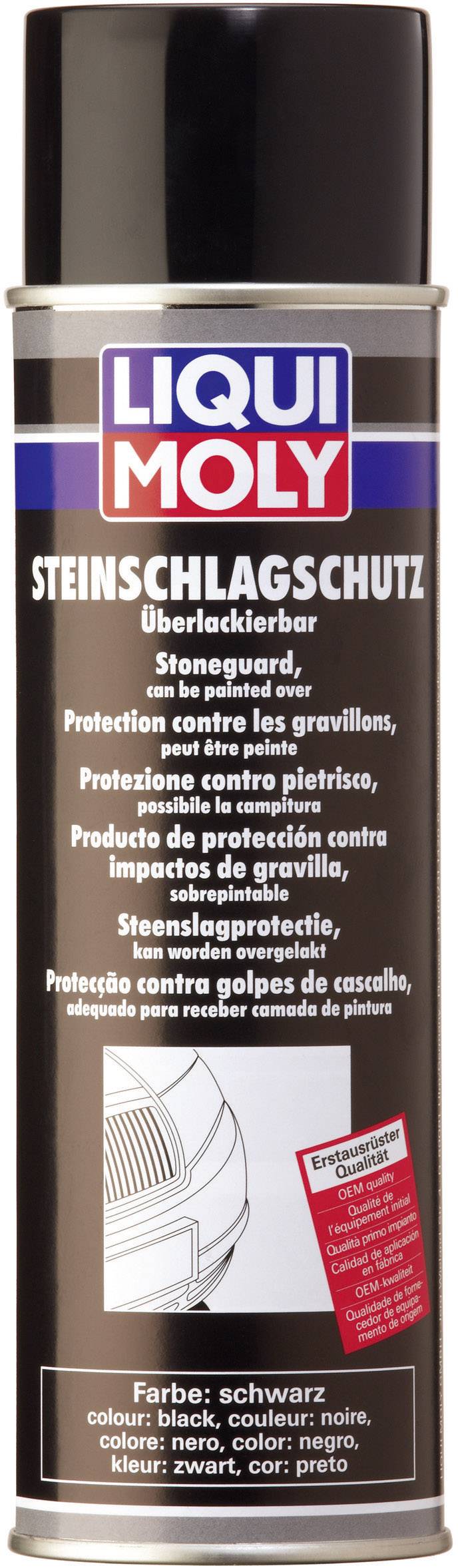 Une bombe aérosol Liqui Moly portant l'inscription 'Protection contre les impacts de pierres - Recouvrable'. Couleur : Noir. Protège contre les impacts de pierres.
