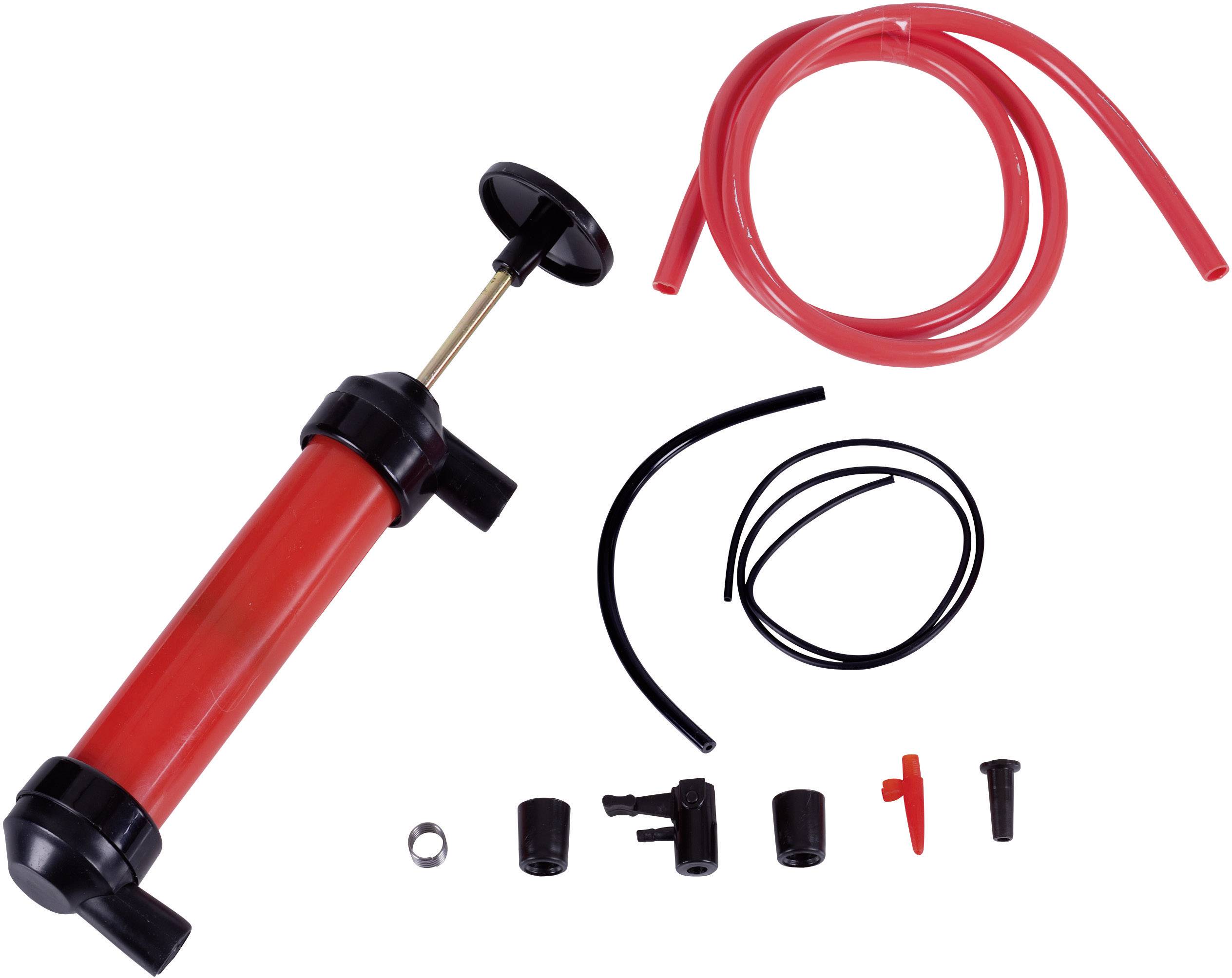 Pompe à main rouge avec tuyau et différentes pièces accessoires pour transvaser des liquides.