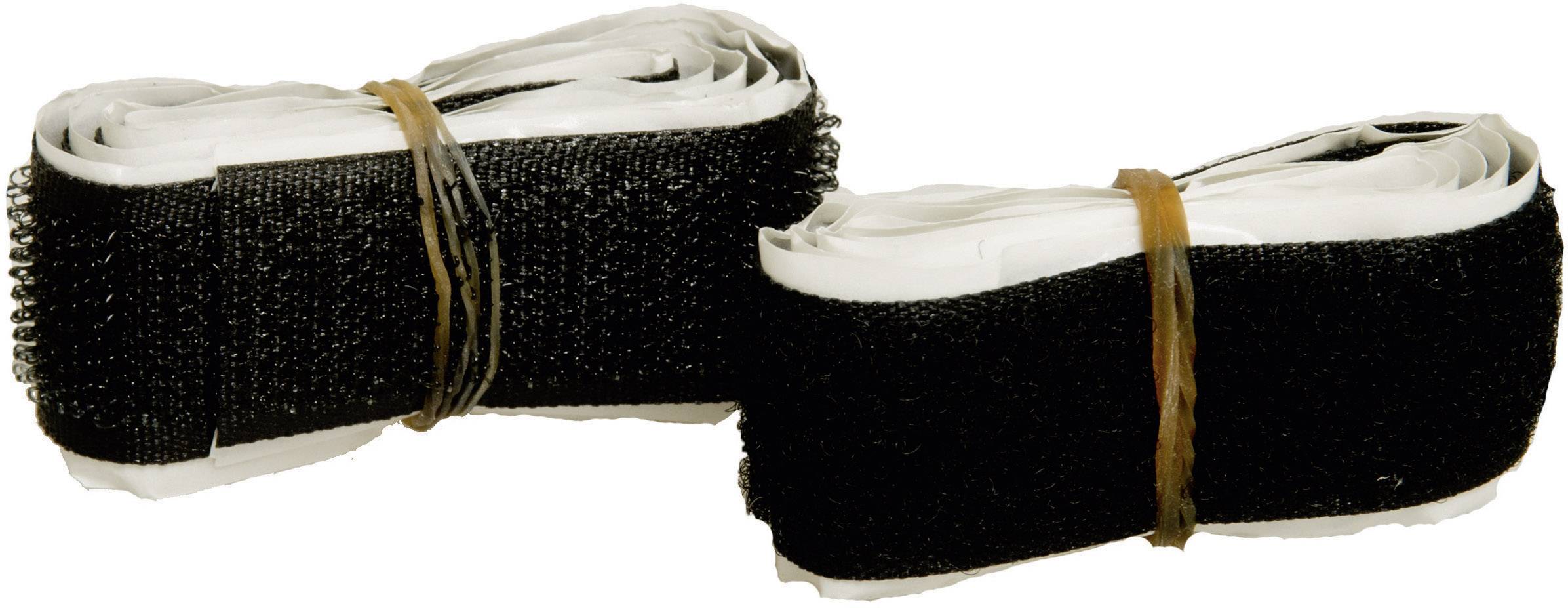 Deux rouleaux de bande velcro noirs sont posés côte à côte. Ils sont attachés ensemble avec des élastiques.