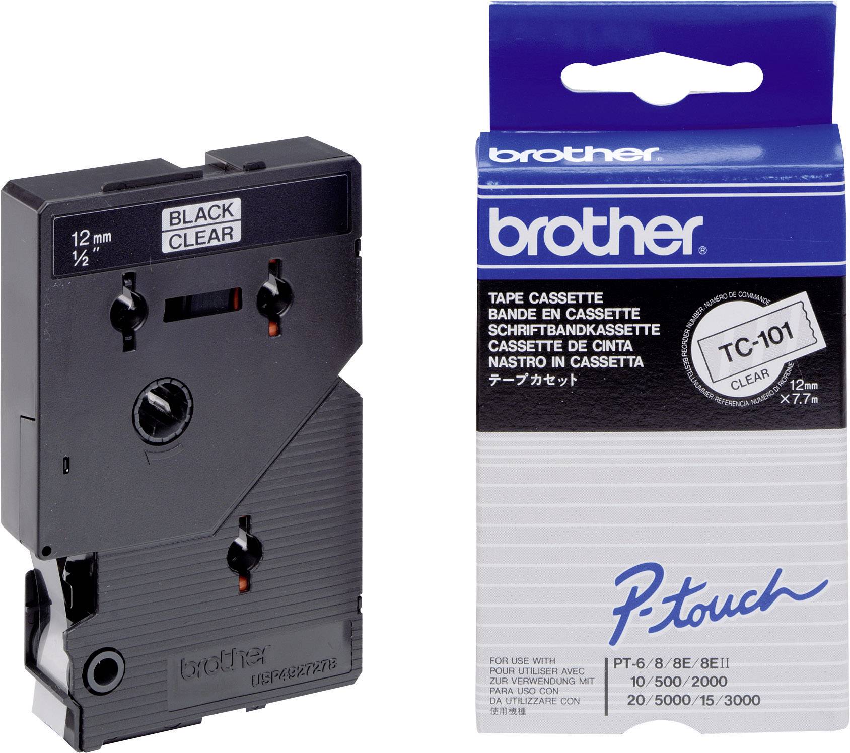 Cassette de ruban Brother P-touch TC-101, noir sur transparent, 12 mm, pour étiqueteuse. Emballage et cassette illustrés.