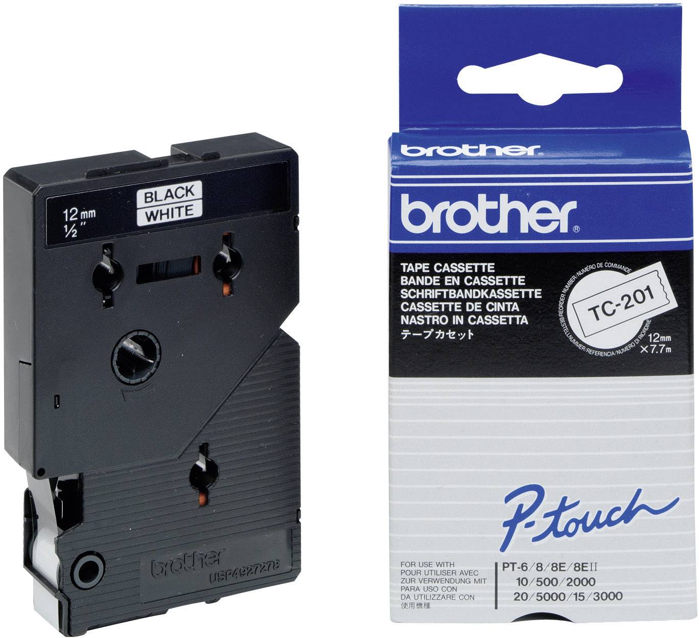 Une cassette d'étiquettes Brother pour imprimante P-touch, modèle TC-201, avec texte noir sur fond blanc, largeur de 12 mm.