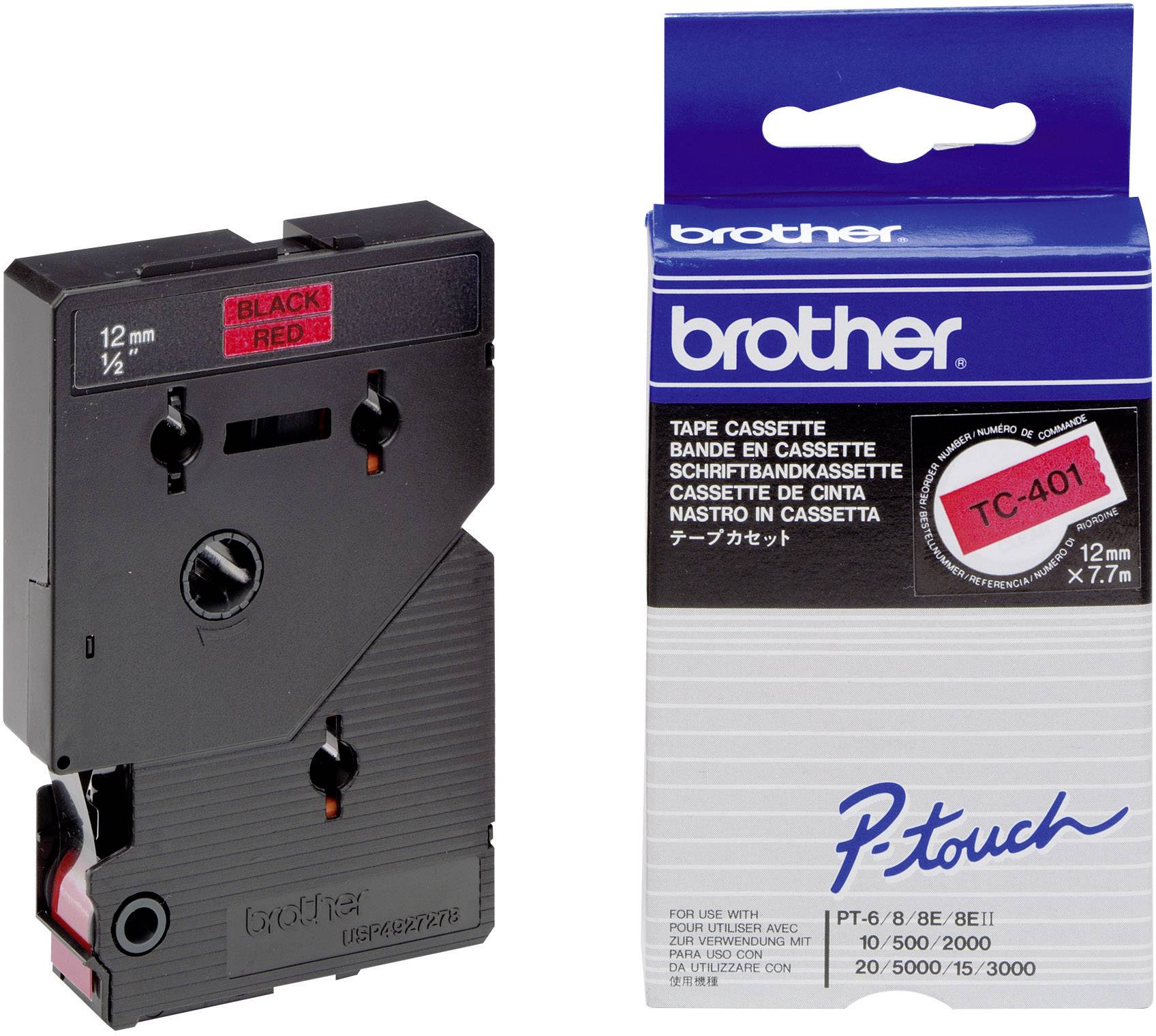 Cassette de ruban d'étiquettes Brother, 12 mm de large, noir sur rouge, modèle TC-401, emballage et cassette illustrés.