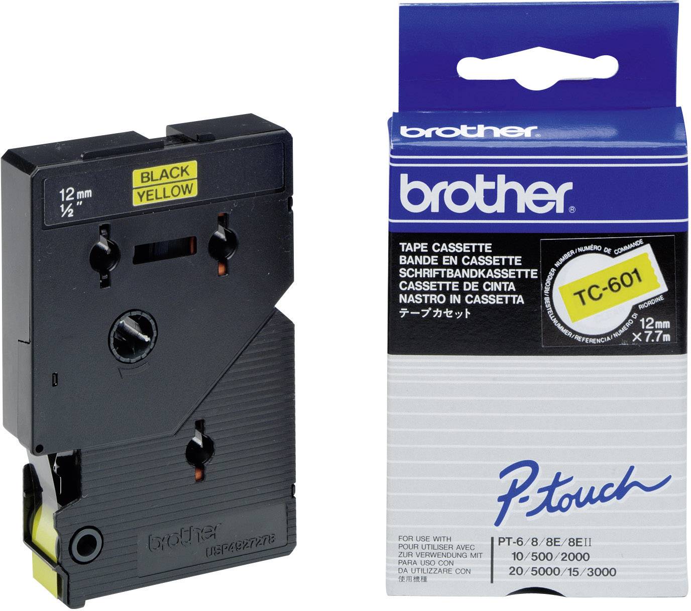 Cassette avec ruban d'étiquetage noir et jaune, marque 'brother', modèle TC-601, 12 mm x 7,7 m, pour imprimante d'étiquettes.