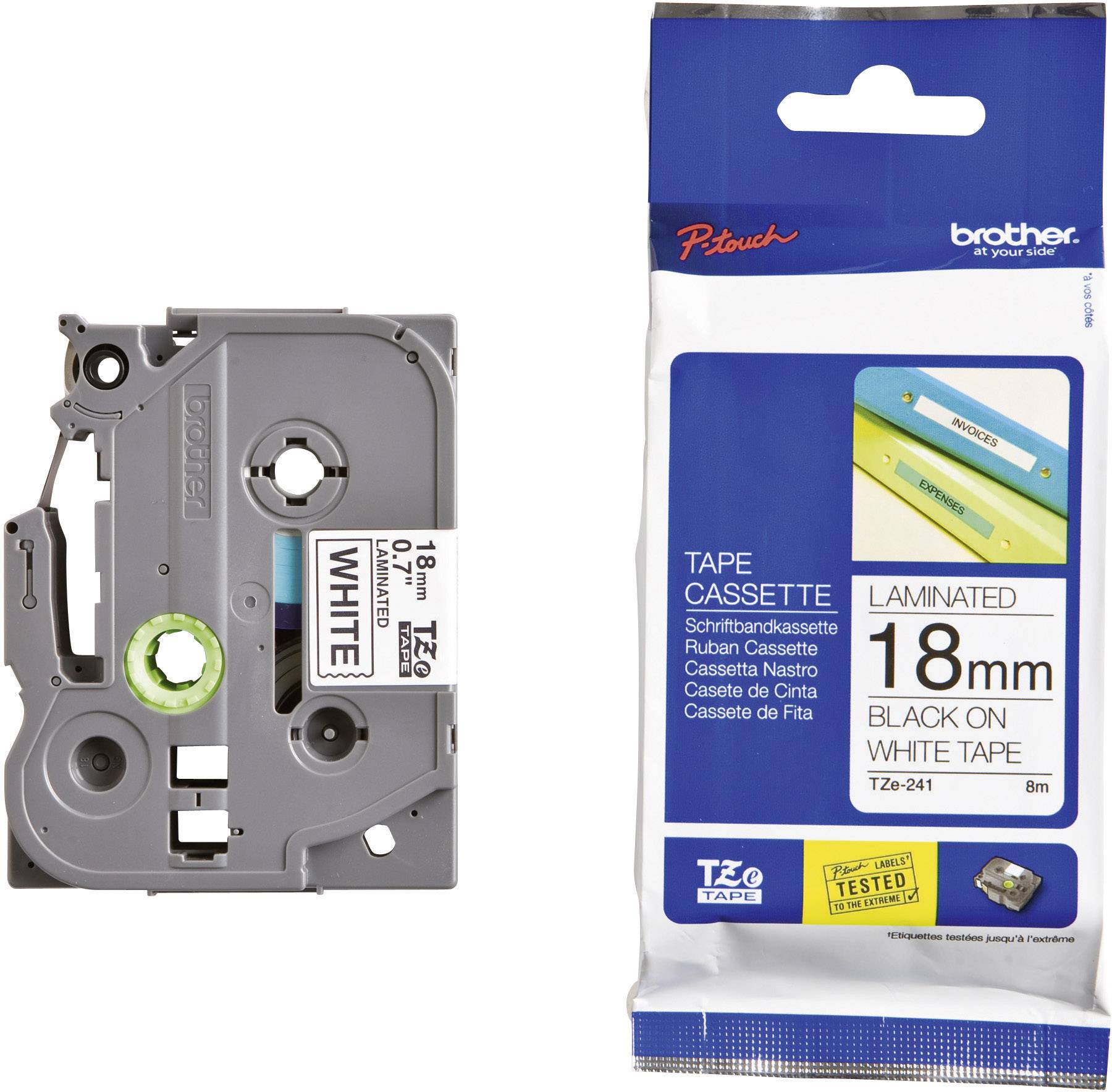 Cassette de ruban Brother P-touch, 18 mm, noir sur blanc. Emballage et cassette côte à côte. Adapté aux imprimantes d'étiquettes.