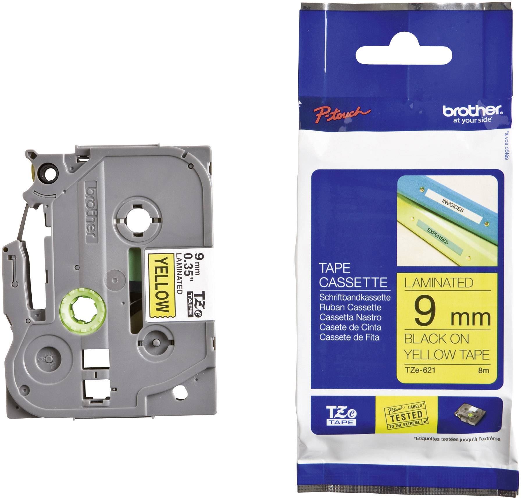 Cassette gris-noir pour imprimante d'étiquettes, avec étiquette jaune 'YELLOW', adaptée pour bande laminée de 9mm sur fond jaune.