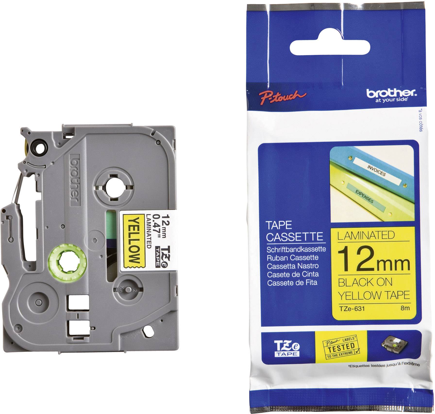 Cassette de ruban laminé 12 mm Brother P-Touch en jaune, longueur de 8 m, compatible avec les étiqueteuses Brother.