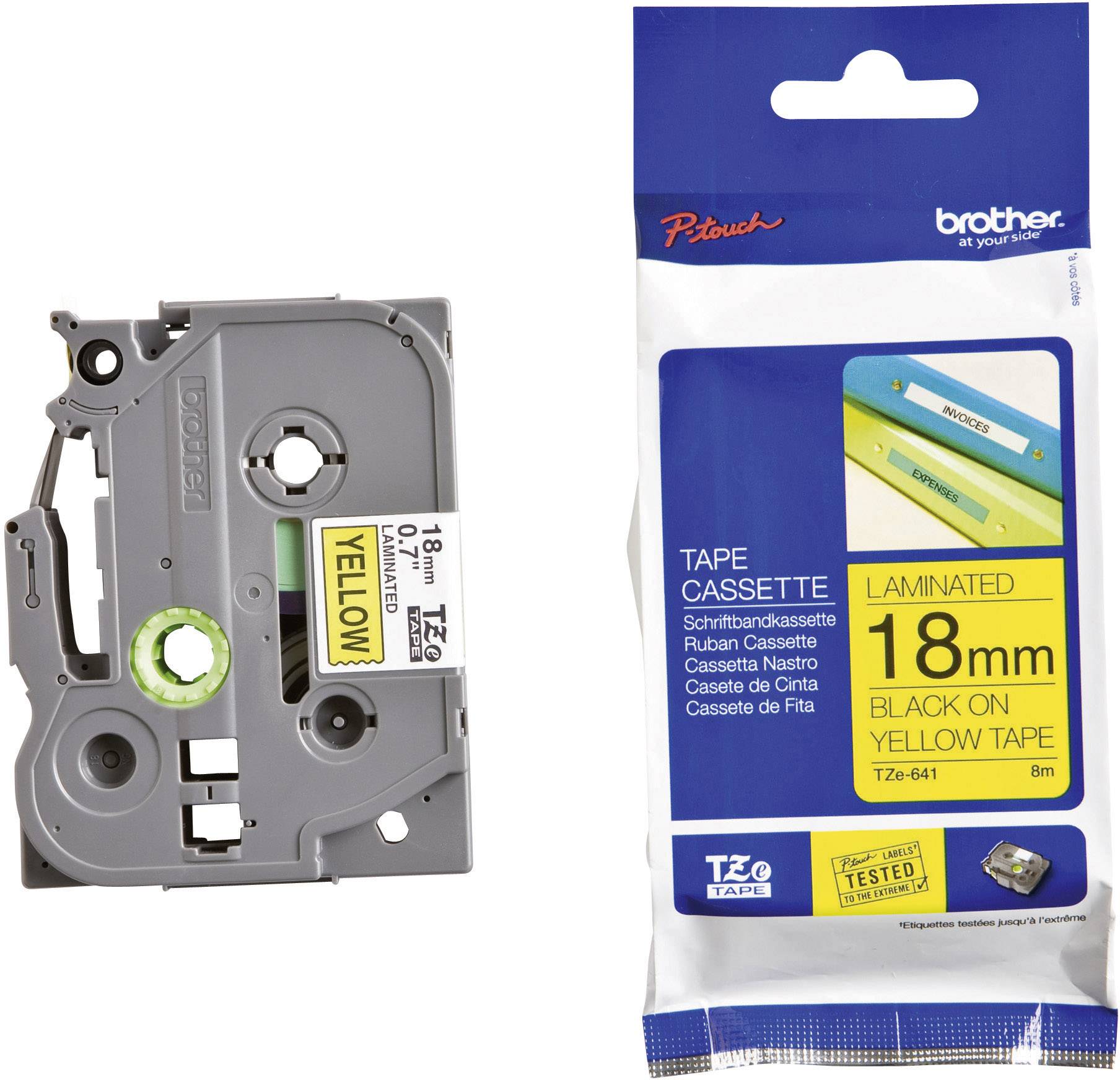 Cassette de ruban laminé Brother, 18 mm, Noir sur Jaune, TZe-641, rouleau de 8 m, pour étiqueteuses.