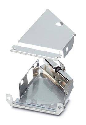 Boîtier métallique triangulaire en matériau brillant, composé d'une partie supérieure et inférieure pouvant être assemblées ensemble.