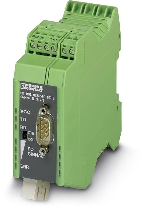 Appareil modem électronique dans un boîtier vert avec des connexions et des indicateurs de statut sur la face avant. Numéro de modèle et nom de marque visibles.