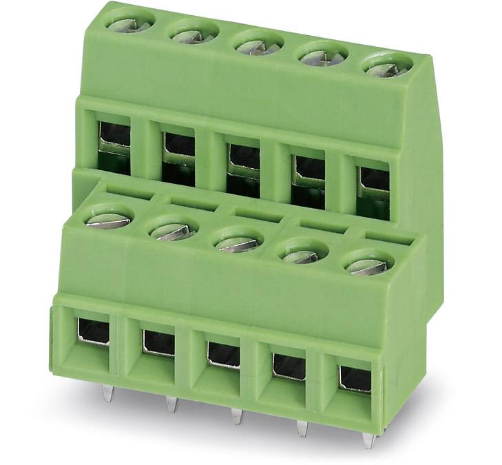Barrette de connexion électrique verte à deux niveaux avec six bornes, adaptée pour une utilisation industrielle dans les systèmes de câblage.