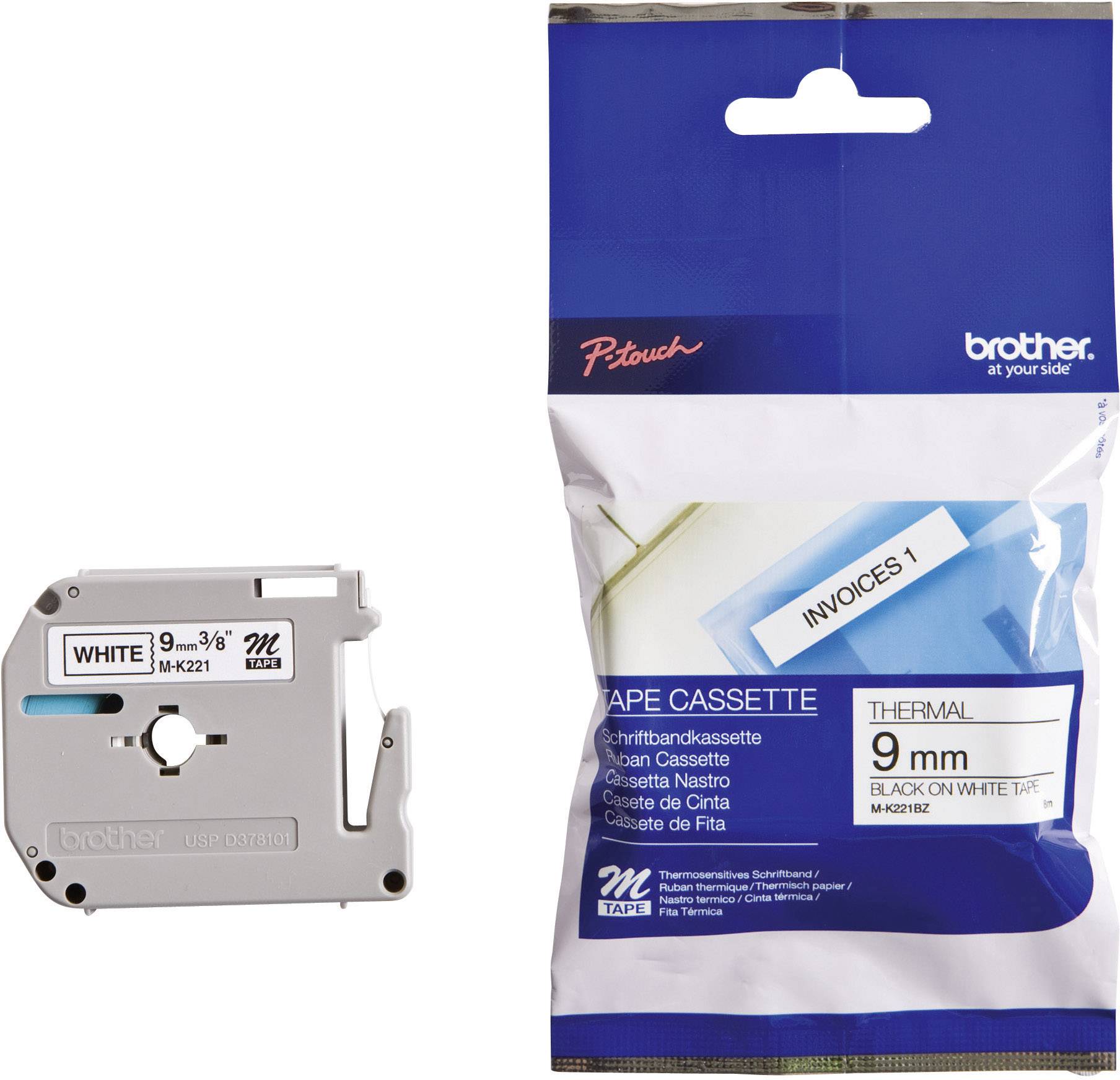 Emballage d'une cassette de ruban pour étiqueteuse Brother P-touch avec un ruban gris et un packaging bleu et blanc. Convient pour ruban de 9 mm.