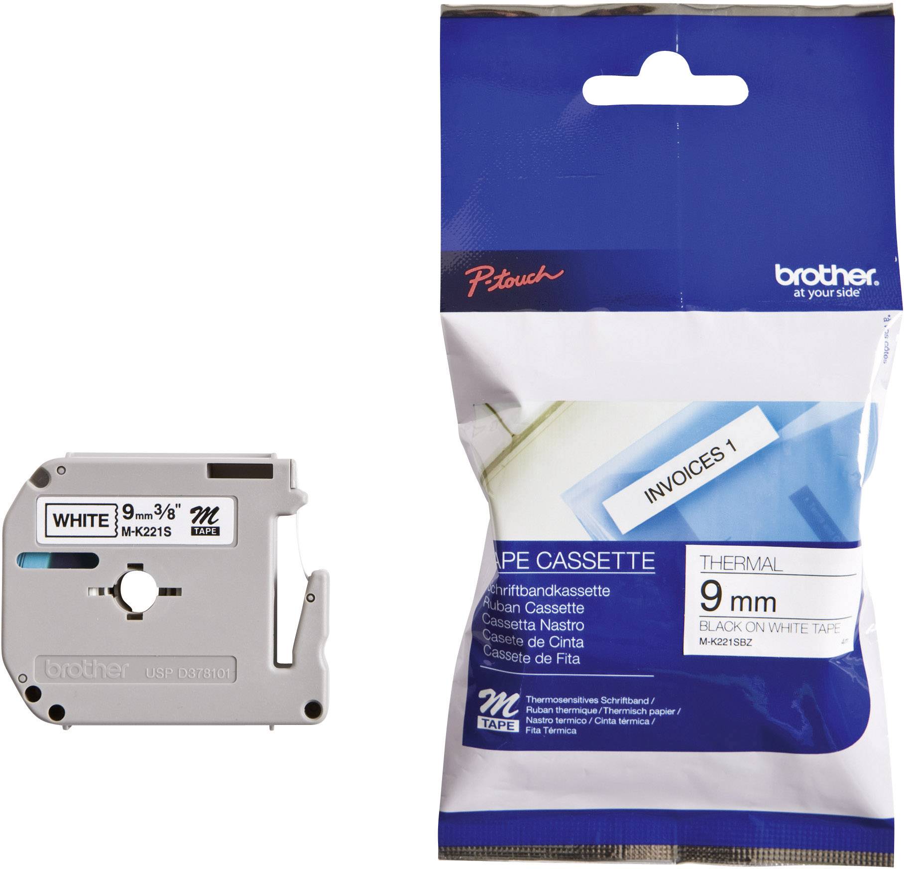 Une cassette de ruban d'étiquetage Brother P-Touch avec une cassette pour étiquettes de 9 mm, bande blanche et écriture noire.