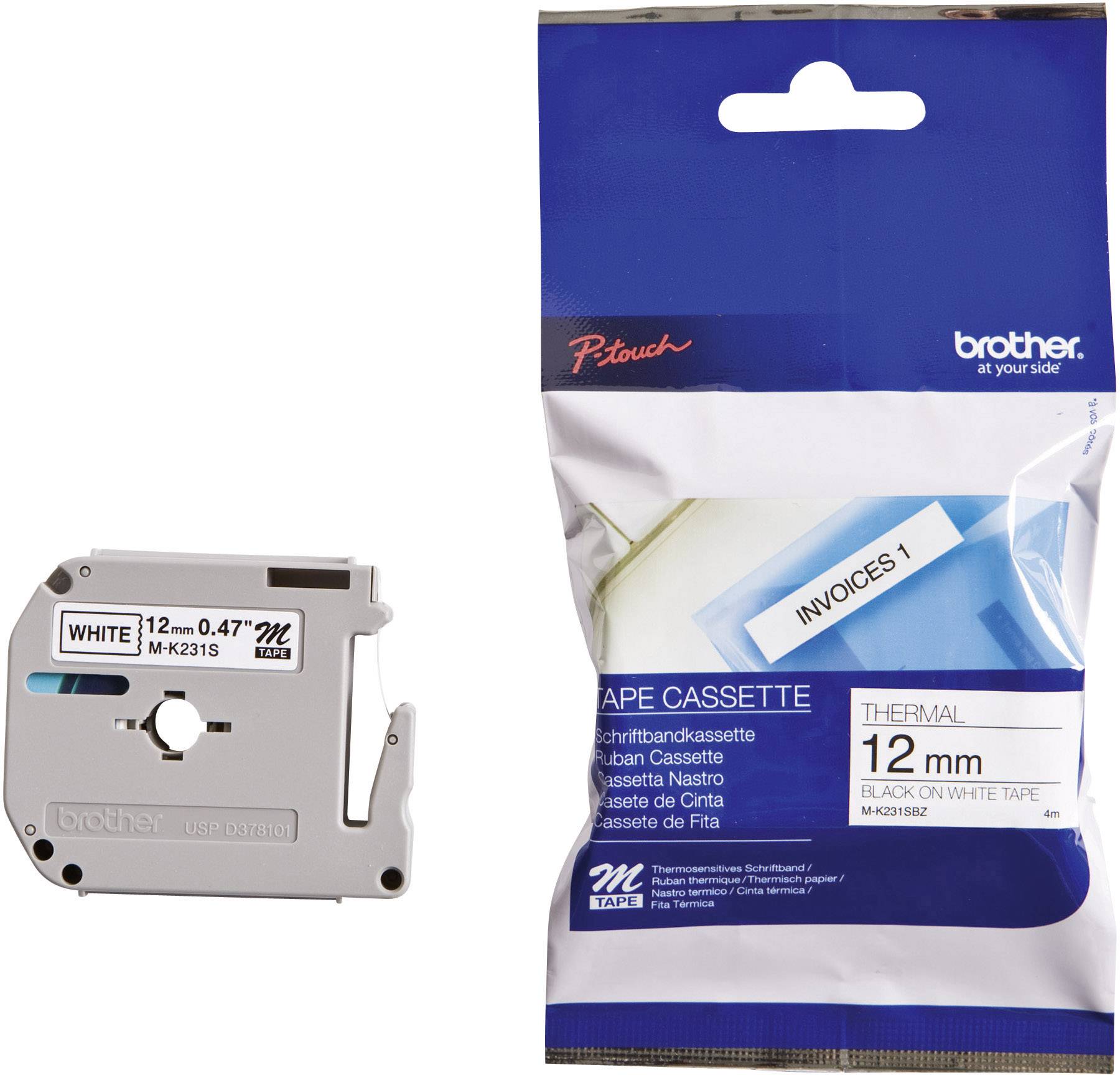 Cassette Brother à ruban adhésif, blanche, 12 mm. L'emballage présente la cassette et un exemple d'utilisation sur un intercalaire d'organiseur portant l'inscription « INVOICES 1 ».