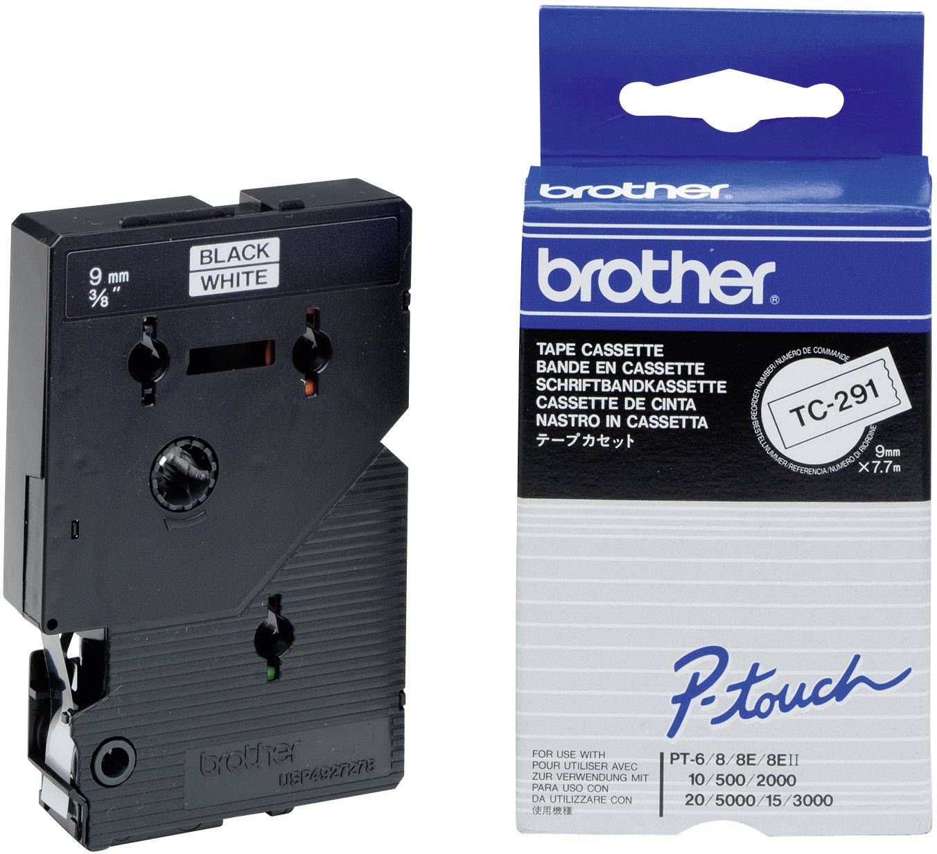 Ruban d'étiquetage Brother P-touch noir (modèle TC-291) à côté de l'emballage. Texte : 'BLACK WHITE', Largeur : 9 mm.