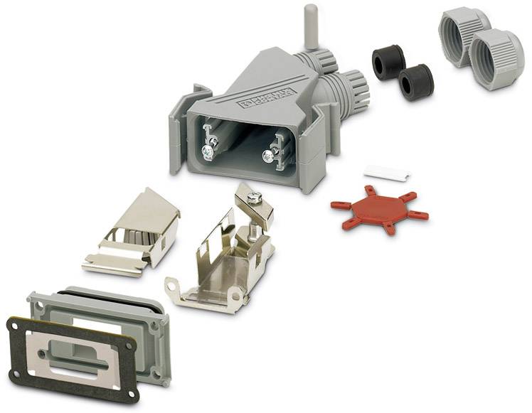 Kit de connecteur industriel présenté en pièces détachées, comprenant un boîtier, des vis, des joints et des couvercles.